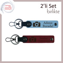 Erkek Kardeşe Minimalist Fotoğraf Temalı Deri Anahtarlık Takımı, Gök Mavi-Bordo