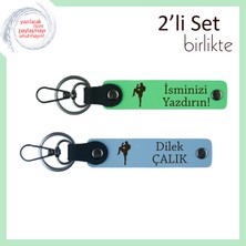 Boks Sever Erkek Tarzına Uygun Tasarım, Isim Yazılabilir Deri Anahtarlık Seti, Fıstık Yeşil-Gök Mavi