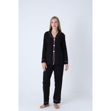 Kalp Nakışlı Pamuklu Uzun Kollu Kadın Pijama Takımı