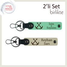 Denizci Tarzını Taşıyan Anahtarlık, Kişiye Özel Çıpa Motifli 2’li Deri Set, Açık Yeşil-Sütlü Kahve