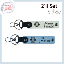 Cesaretin Temsilcisi Aslan Motifli Anahtarlık, Kişiye Özel Deri Takım, Beyaz-Gök Mavi