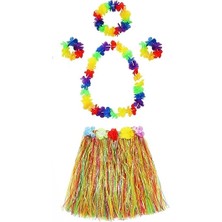 Yetişkin ve Çocuk Uyumlu Luau Aloha Hawaii  Kolye Renkli Etek Taç ve Bileklik Seti