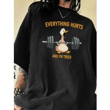 Baskılı Oversize Bisiklet Yaka T-Shirt - Siyah