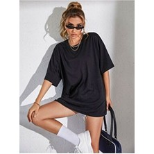 Jakarlı Oversize Siyah Pamuk T-Shirt Askılı Kol Günlük Stil Baskılı Desen