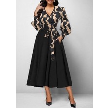 Arben Boutique Kadın Uzun Kollu Kruvaze Yaka Dalgıç Krep Midi Boy Elbise