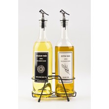 Şeffaf 750 ml Siyah Beyaz Etiketli Siyah Standlı Akıtıcılı Yağlık Yağdanlık