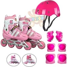 Pembe Işıklı Teker Ayarlanabilir Çocuk Alıştırma Paten 2 Fonksiyon Kask Dizlik Set