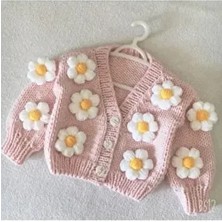 İzmir Blanket Pembe Renkli Bebek El Örgüsü Papatyalı Crop Hırka Uzun Kol Düz Örme Kumaş