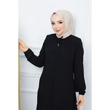 Tesettür Giyim Krep Kumaş Ferace Yaka Bağcıklı Siyah