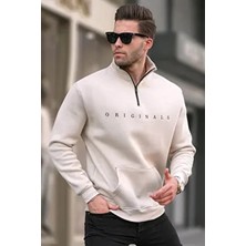 Bej Fermuar Yaka Nakışlı Sweatshirt 6028