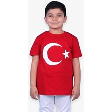 Alkano Çocuklar İçin Kırmızı Ay Yıldızlı TShirt Kısa Kol Günlük Kullanım %100 Pamuk