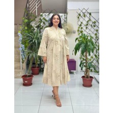 PT54830 Önden Düğmeli Brodeli Hakim Yaka Coton Italyan Elbise Krem