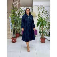 PT54830 Önden Düğmeli Brodeli Hakim Yaka Coton Italyan Elbise Siyah