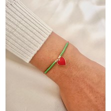 Kırmızı Kalp Yeşil Afgan Boncuk Kırmızı Ip Bileklik