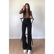 Ikon 90's Siyah Likralı Süper Extra Yüksek Bel Palazzo Salaş Jean Pantolon
