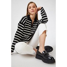 En Moda Kadın Polo Yaka Siyah Çizgili Triko Kazak Klasik Stil ile Rahat Kullanım İçin Tasarlandı