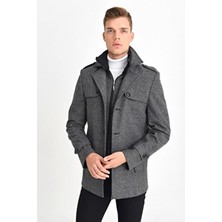 Erkek Gri Yün Karışımlı Desenli Kaşe Fermuar ve Düğme Kapamalı Kaban