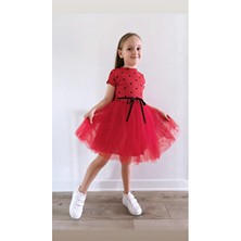 Şirin Şeyler Butiği Linda Kısa Kol Kız Çocuk Prenses Kabarık Al Kırmızı Puantiyeli Esnek Likralı Tüllü Tütülü Elbise