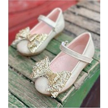 Surpie Shoes Kız Çocuk Dore Ortopedik Babet Suni Deri Malzemeden Düz Tabanlı Bantlı Tasarım