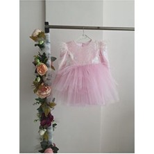 Kız Çocuk Eteği Kat Kat Omuzları Tüylü Uzun Kollu Elbise