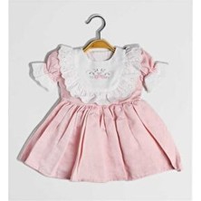 Isabella Kısa Kol Kız Çocuk Fistolu Çiçek Nakışlı Tül Astarlı Prenses Vintage Pudra Pembe Elbise