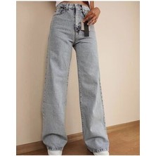 Q Power Likralı Kadın Açık Mavi Kar Yıkama Yüksek Bel Bol Paça Denim Kot Pantolon LVK-001040A