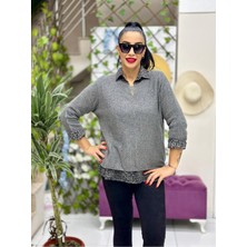 NC516023 Italyan Leopar Desen Fularlı Erkek Yaka Kazak Füme