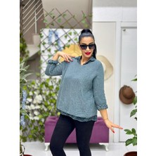 NC516029 Italyan Leopar Desen Fularlı Erkek Yaka Kazak Petrol