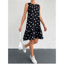 Kadın Siyah Papatya Desen Kolsuz Eteği Fırfırlı Elbise ARM-22Y001123