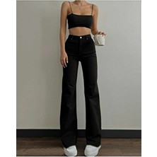 Livik Power Straight Fit Kadın Siyah Likralı Bol Paça Salaş Jeans Pamuk-Elastan Kumaş