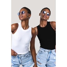 Catspy Kadın Slim Fit Halter Yaka 2'li Crop Bluz Pamuk Kumaş Siyah Beyaz Renk Seçeneği