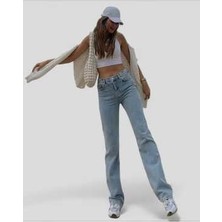 Ramrod Smile 90's Yırtmaçlı Kadın Mavi Likralı Süper Yüksek Bel Salaş Jean Pantolon Pamuk - Elastan