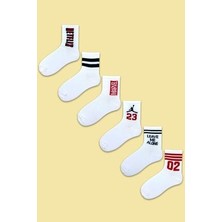 Kadın Erkek Uzun Soket Spor Desenli Beyaz Çorap Seti 6 Adet