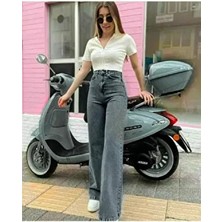 Kadın Füme Kar Yıkama Süper Yüksek Bel Likralı Bol Paça Denim Kot Pantolon