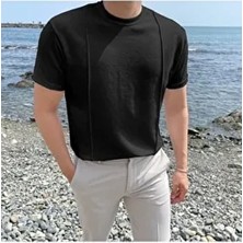 Tarz Cool Siyah Erkek Yuvarlak Yaka 2 Çizgili Örme Triko T-Shirt Standart Kol Akrilik Malzemeden Günlük Stil