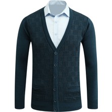 Erkek Düğmeli Hırka Cepli Kabarmalı Çelik Örgü Klasik Kalıp - 5215M