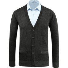 Erkek Düğmeli Hırka Cepli Desenli Çelik Örgü Klasik Kalıp - 5208M