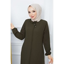Tesettür Giyim Krep Kumaş Ferace Yaka Bağcıklı Haki Yeşil
