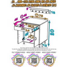 Modilayn DOQU (XXL) Set Ocak Altı Dolap 75x88x48 cm, Çekmeceli, Kpkl, Tüp Bölmeli Ve Baharat Raflı