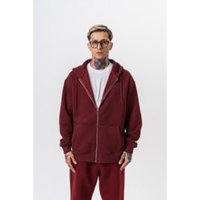 Erkek Respire Yazı Detaylı Kapüşonlu Basic Zip Oversize Hoodie Bordo