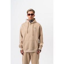 Erkek Respire Yazı Detaylı Kapüşonlu Basic Oversize Hoodie Bej