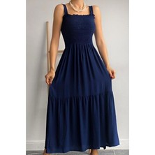 Lacivert Kalın Askılı Eteği Fırfırlı Üstü Gipeli Elbise 125 cm