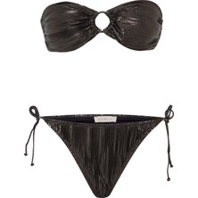 Tokalı Piliseli Siyah Parlak Straplez Bikini