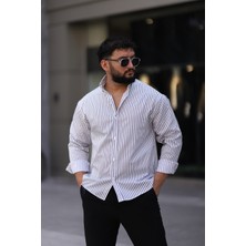Uzun Kollu Beyaz Renk Siyah Çizgili Yarım Oversize Erkek Gömlek