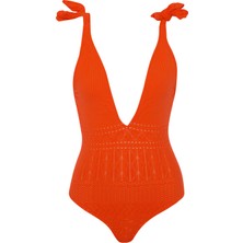 V Yaka Örgü Nar Çiçeği Mayo