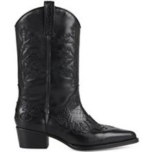 FootCourt Kadın Siyah Kovboy Çizmesi Deri Malzeme Orta Topuklu Konforlu Kullanım