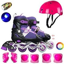 Mor Işıklı Teker Ayarlanabilir Çocuk Alıştırma Paten 2 Fonksiyon LED El Feneri Kask Dizlik Full Set