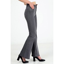 Ramrod Kadın Yüksek Bel Ispanyol Paça Gri Denim Pantolon Toparlayıcı Düz Desen Özellikli