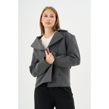 Kadın Oversize Kruvaze Kaşe Mont Ceket Gri