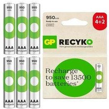 Belirtilmemiş Recyko 950MAH AAA İnce Kalem 6 Adet Ni-Mh Şarjlı Pil 1.2 Volt Uzun Ömürlü ve Hızlı Şarj